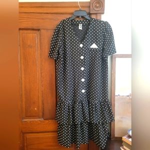 Vintage Tabby Of California Drop Waste Polkadot Black Dress - Rare Find